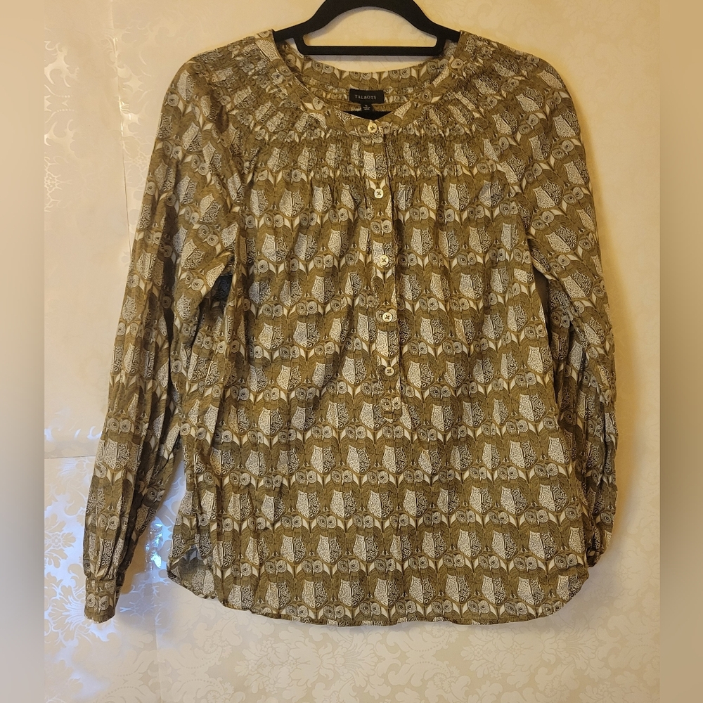 Talbots Olive Patterned Blouse - Picture 1 of 3